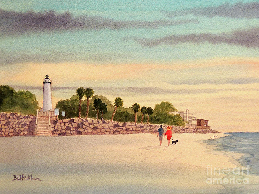 St Simons Island Lighthouse And Neptune Beach Georgia Painting by Bill Holkham