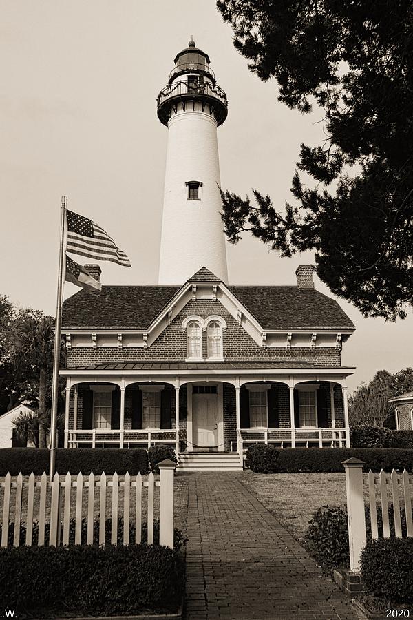 St. Simons Island Lighthouse Black And White Vertical Photograph by Lisa Wooten