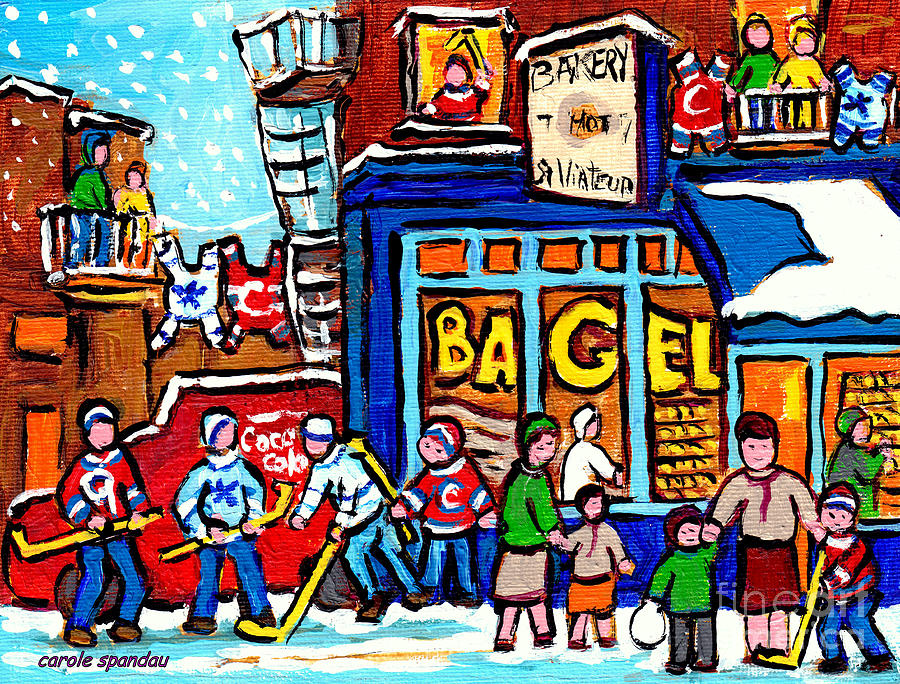 St Viateur Bagel Bakery Hockey Winterscene Art Montreal Landmark C Spandau Quebec Paintings For Sale Painting by Carole Spandau