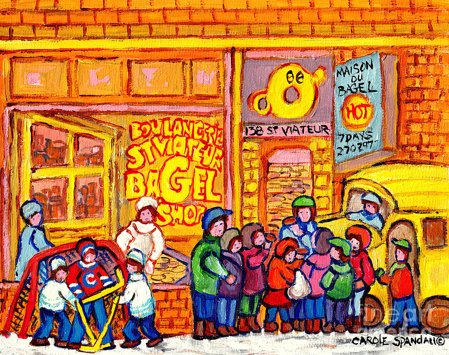 St Viateur Bagel Famous Montreal Bakeries School Bus And Hockey Kids Sunny Winter Scenes C Spandau  Painting by Carole Spandau