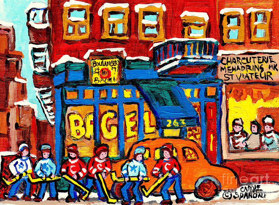 St Viateur Bagel Hand Painted Original Hockey Art For Sale Montreal Winterscene Storefront C Spandau Painting by Carole Spandau