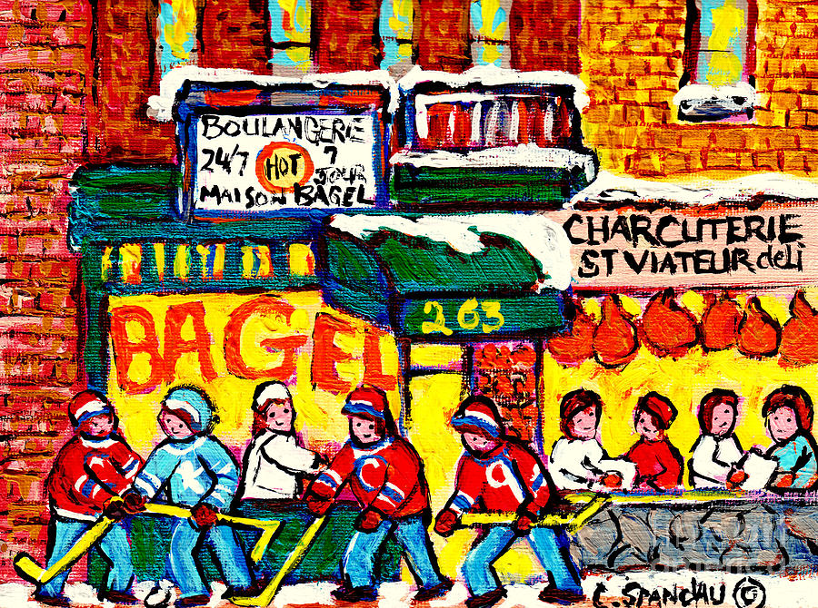St Viateur Bagel Hand Painted Original Montreal Art For Sale Winter Scene C Spandau Hockey Paintings Painting by Carole Spandau