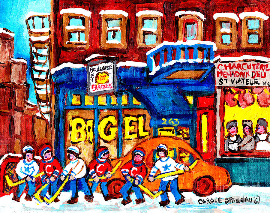 St Viateur Bagel Original Hand Painted Montreal Winter Scene Art For Sale C Spandau Hockey Artist Painting by Carole Spandau