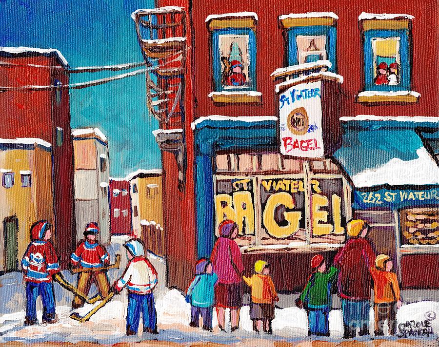 St Viateur Bagel Painting By Canadian Artist C Spandau Montreal Hockey Kids Winter Scene Quebec Art  Painting by Carole Spandau
