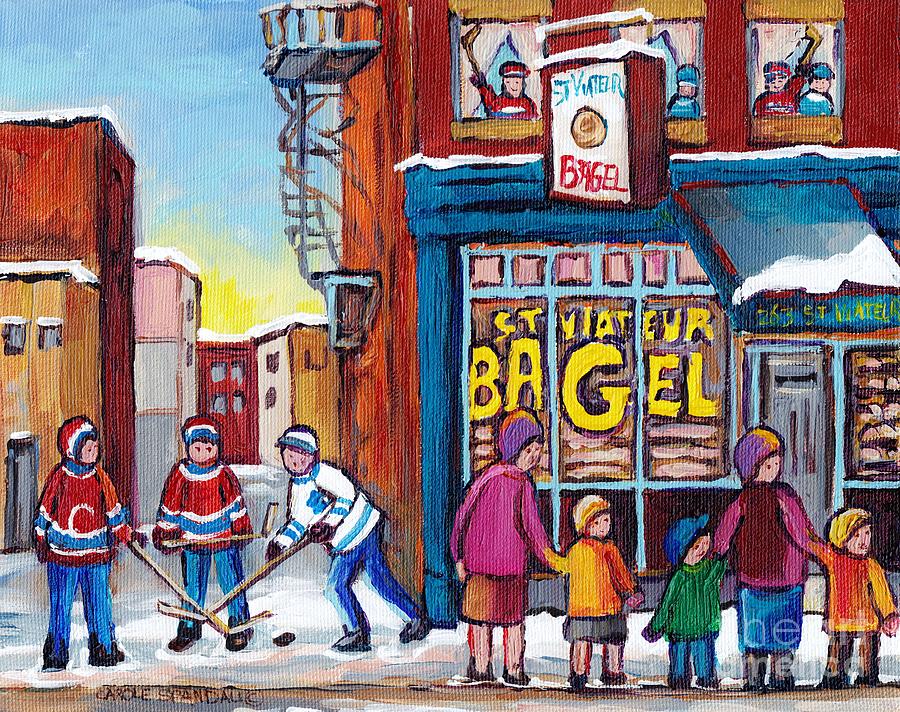 St Viateur Bagel Painting Canadian Artist C Spandau Montreal Winter Scene Street Hockey Quebec Art Painting by Carole Spandau