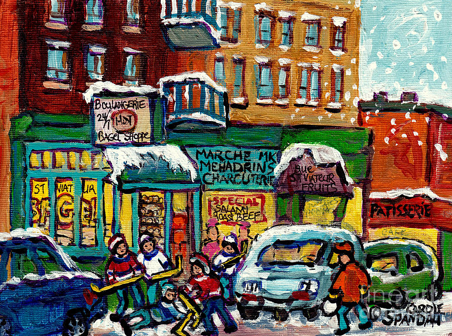 St Viateur Bagel Street Hockey Montreal Landmark Winter Scene Painting For Sale C Spandau Artist Painting by Carole Spandau