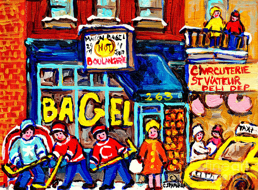 St Viateur Bagel Winter Scene Hockey Art C Spandau Montreal Hand Painted Original Painting For Sale Painting by Carole Spandau