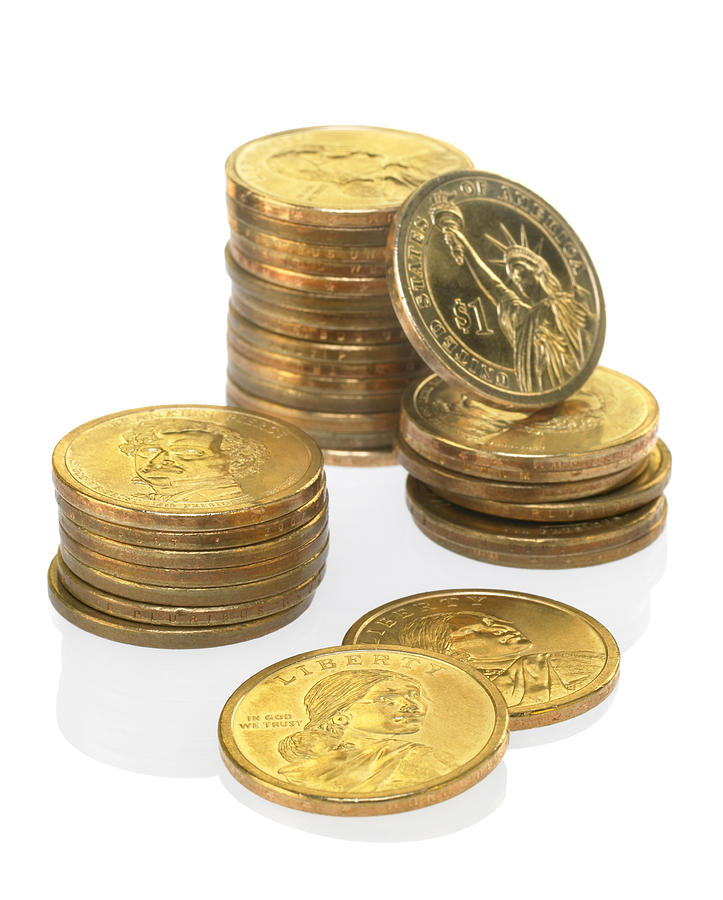 Stack of gold coins on white background Photograph by Jonathansloane