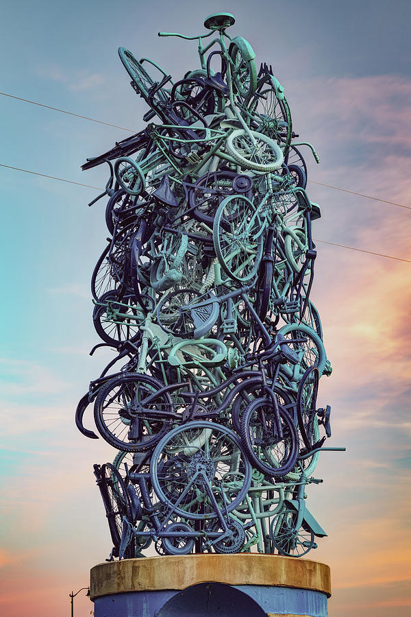 America Photograph - Stacked Blue Bike Sculpture along Northwest Arkansas Razorback Greenway by Gregory Ballos