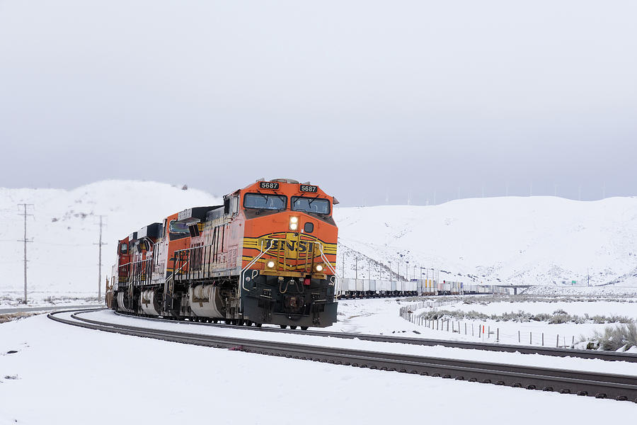 Stacks and Pigs on Ice -- BNSF Intermodal Freight Train in the Snow near Tehachapi, California Photograph by Darin Volpe