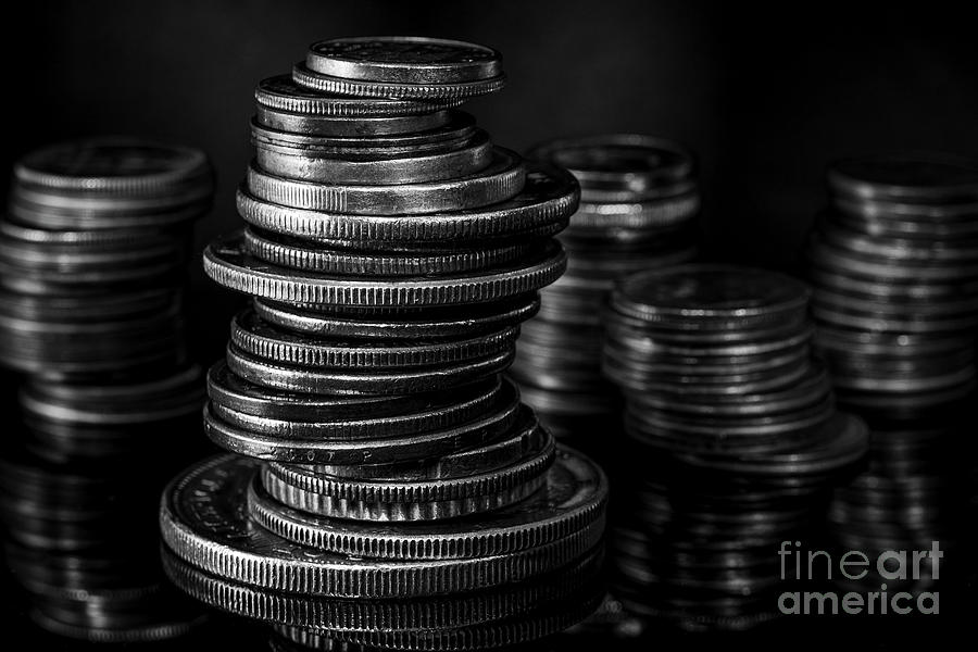 Stacks of Coins Euro Dollar Blurred Background Dramatic Light Black and White Macro Photograph by Pablo Avanzini