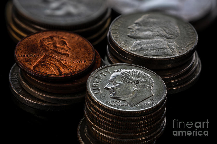 Stacks of US Coins Dimes Cents Nickels Black Background Photograph by Pablo Avanzini