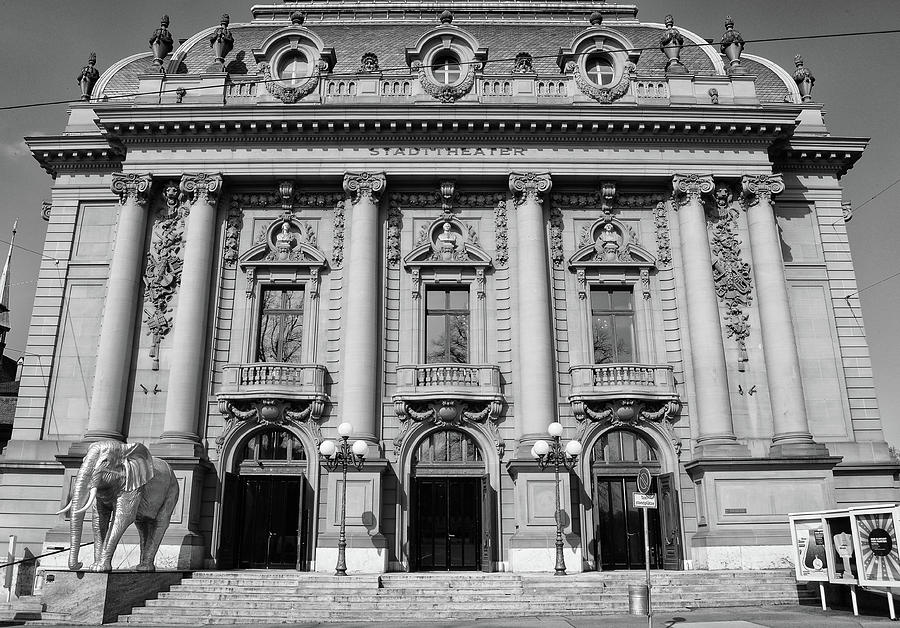 Stadttheatre Opera House Facade in Old City Bern Switzerland Black and White Photograph by Shawn OBrien