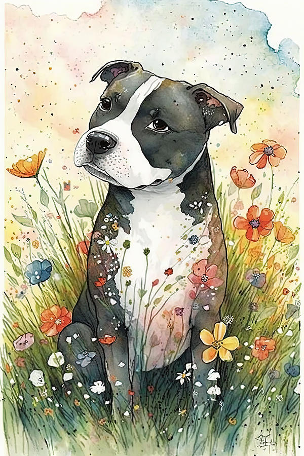 Staffordshire Bull Terrier in flower field Digital Art by Debbie Brown