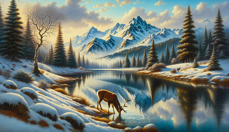 Stag Drinking from a Mountain Lake in Winter Digital Art by Bill Cannon