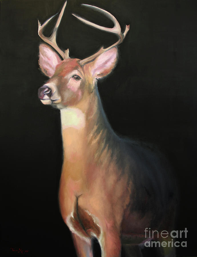 Stag Emerging From Darkness Painting by Terri Meyer