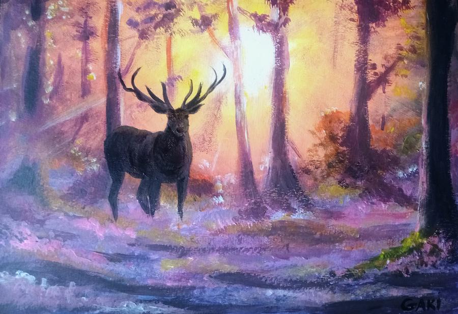 Stag in the forest Painting by Sophia Gaki Artworks
