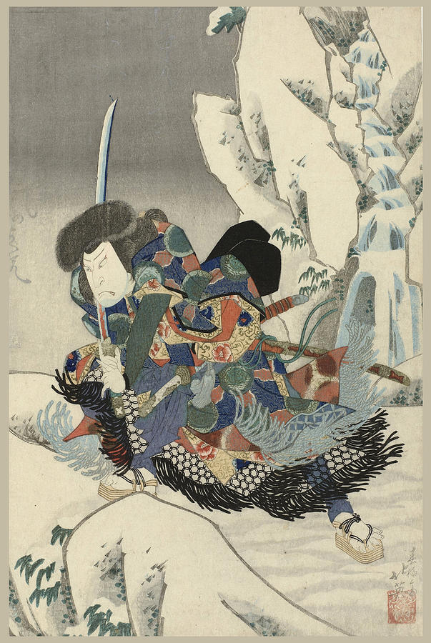 Stage actor in snowy landscape, with sword Drawing by Shunbaisai Hokuei