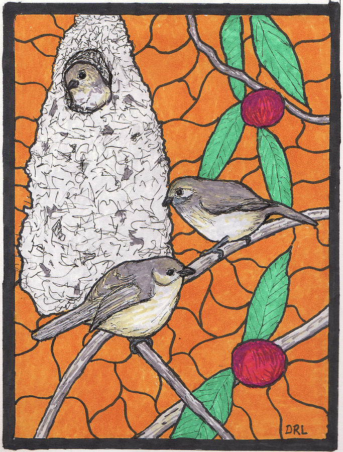 Stained Glass American Bushtits and Plum Tree Drawing by Danny Lowe
