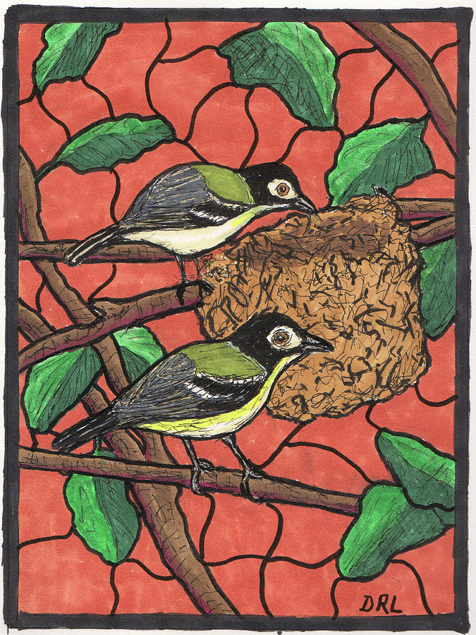 Stained Glass Black-Capped Vireos Building a Nest Drawing by Danny Lowe