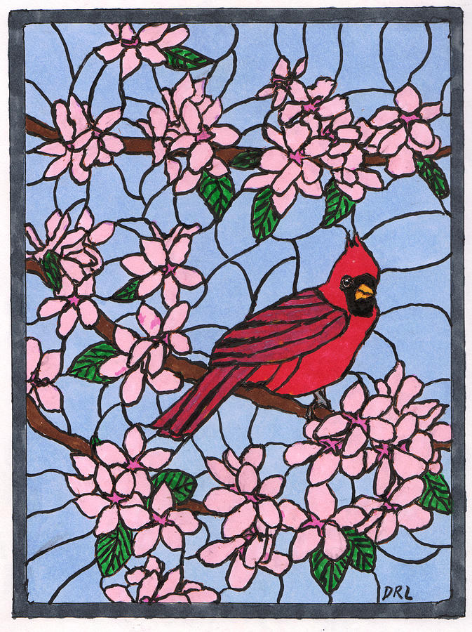 Stained Glass Cardinal and Cherry Blossoms Drawing by Danny Lowe