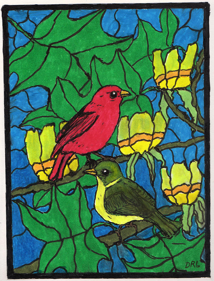 Stained Glass Common Tanagers and Tulip Poplar Tree Drawing by Danny Lowe