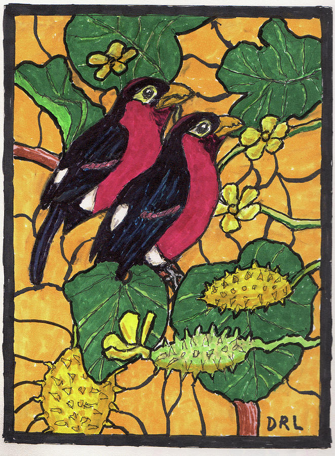 Stained Glass Double-Toothed Barbets and Kiwano Horned-Melons Drawing by Danny Lowe