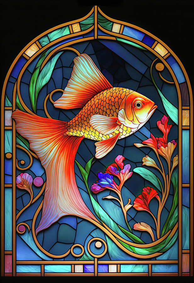 Stained Glass Goldfish Digital Art by Overmynd Industries - Pixels