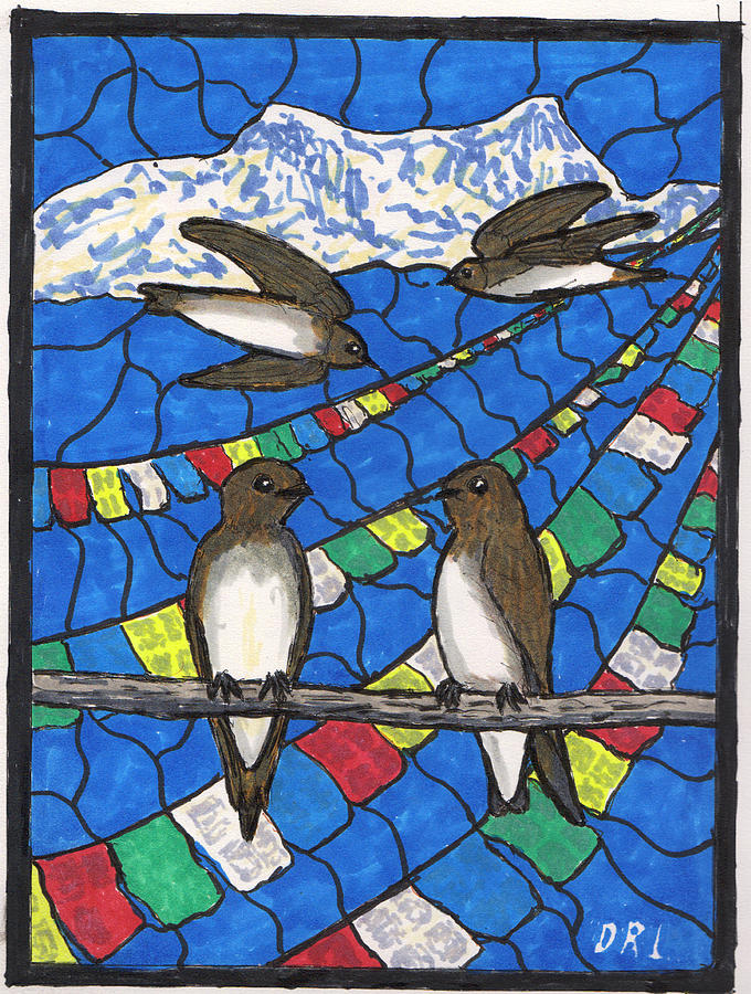 Stained Glass Grey-Throated Martins and Prayer Flags Drawing by Danny Lowe