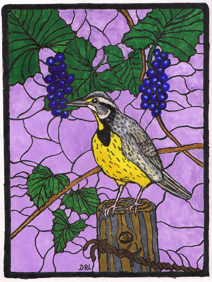 Stained Glass Meadow Lark and Wild Grapes Drawing by Danny Lowe