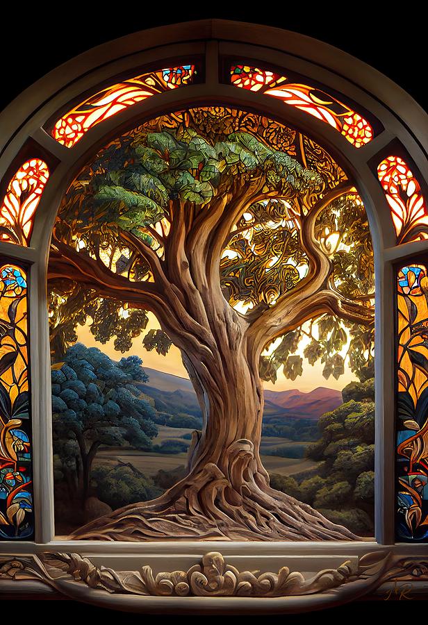 Stained-Glass Oak Tree Window Digital Art by Adrian Reich