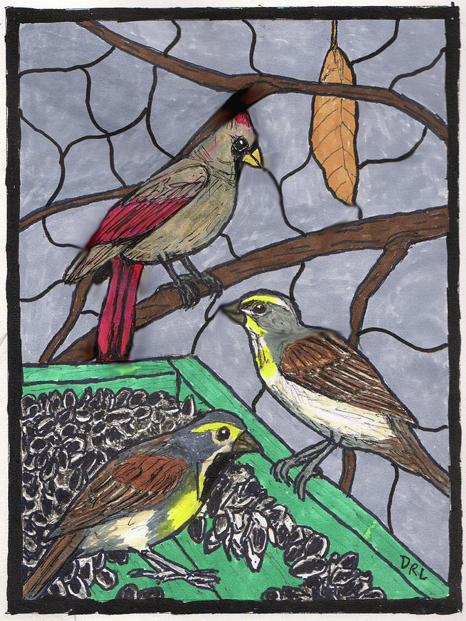 Stained Glass Pair of Dickcissels and a Female Northern Cardinal at a Feeder Tray Drawing by Danny Lowe