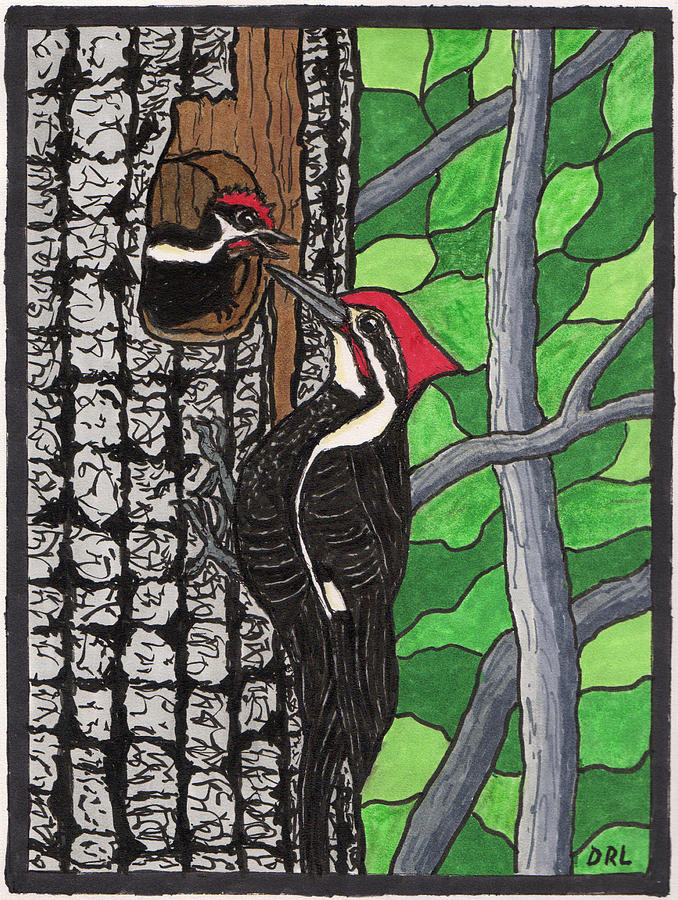 Stained Glass Pileated Woodpeckers Drawing by Danny Lowe