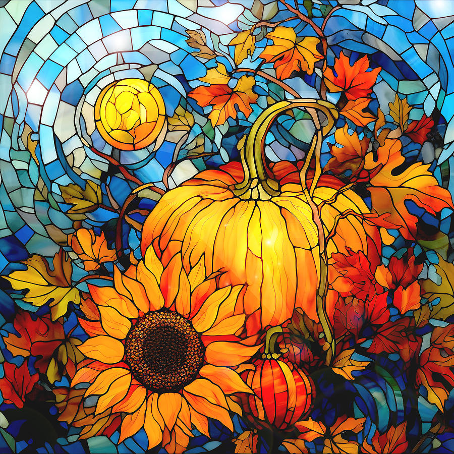 Stained Glass Pumpkin and Sunflowers 2 Painting by Kimberly Potts