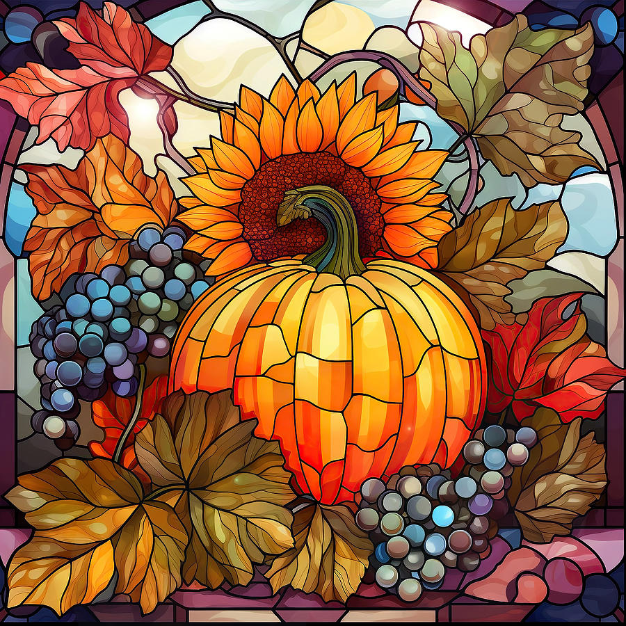 Stained Glass Pumpkin and Sunflowers 3 Painting by Kimberly Potts