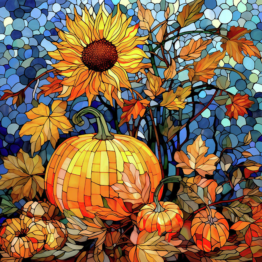 Stained Glass Pumpkin and Sunflowers 4 Painting by Kimberly Potts
