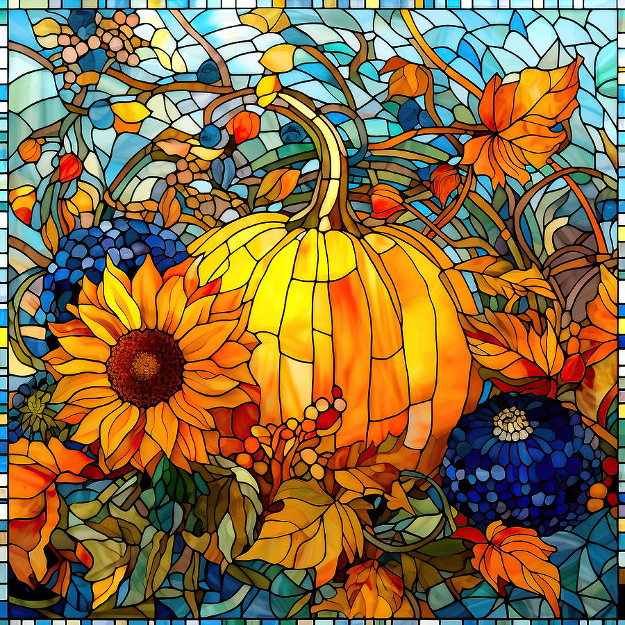 Stained Glass Pumpkin and Sunflowers 5  Painting by Kimberly Potts