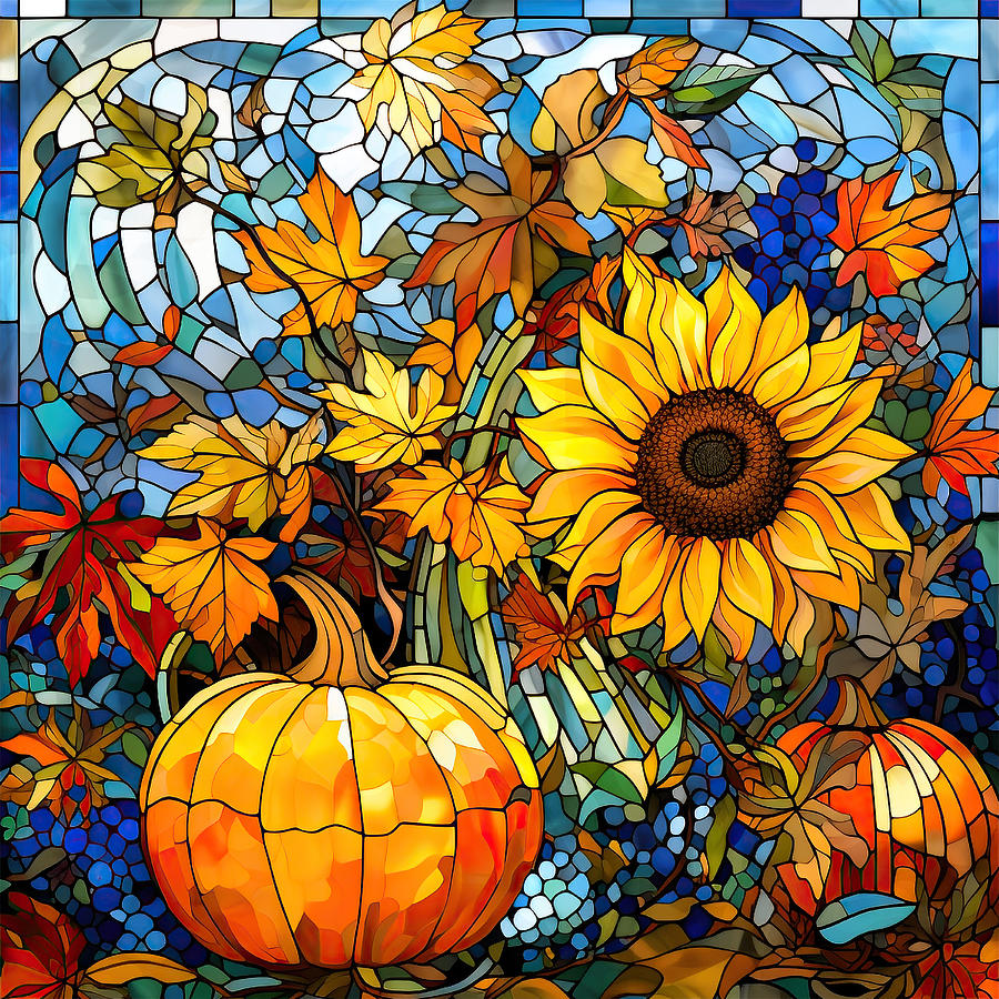 Stained Glass Pumpkin and Sunflowers 6 Painting by Kimberly Potts