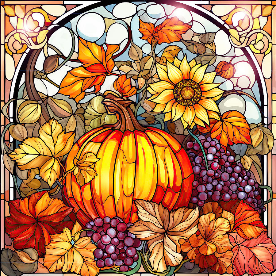 Stained Glass Pumpkin and Sunflowers 7 Painting by Kimberly Potts Stained Glass Pumpkin and Sunflowers 7 Painting by Kimberly Potts