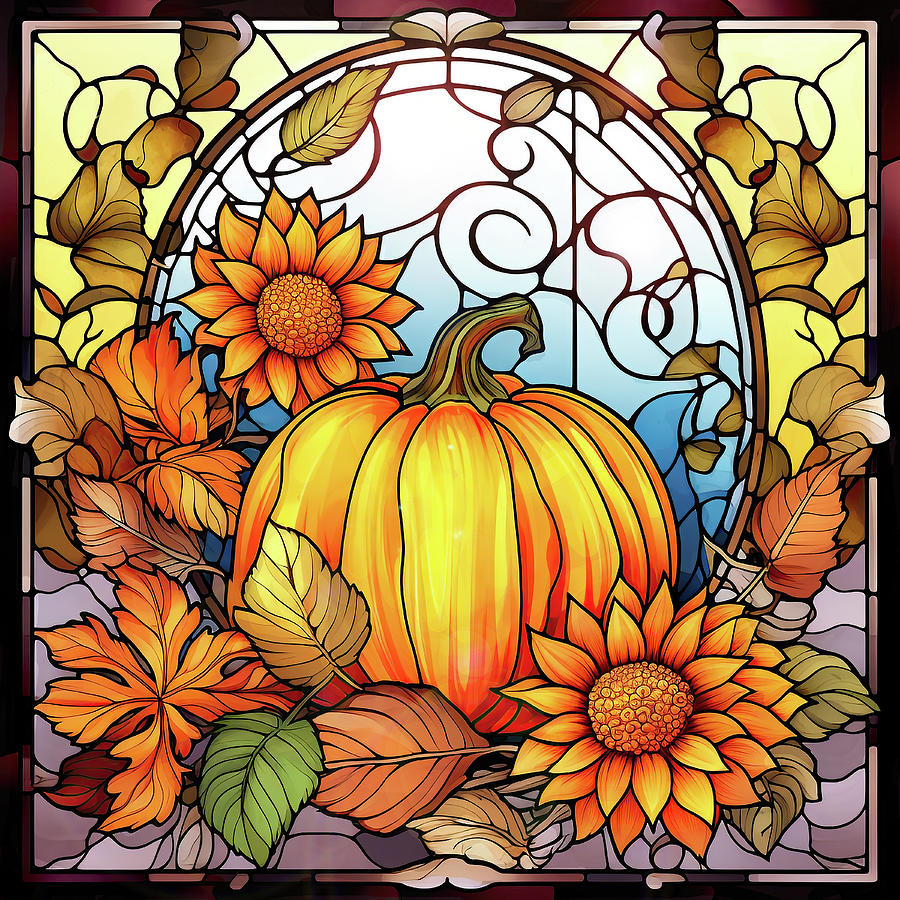 Stained Glass Pumpkin and Sunflowers 9 Painting by Kimberly Potts
