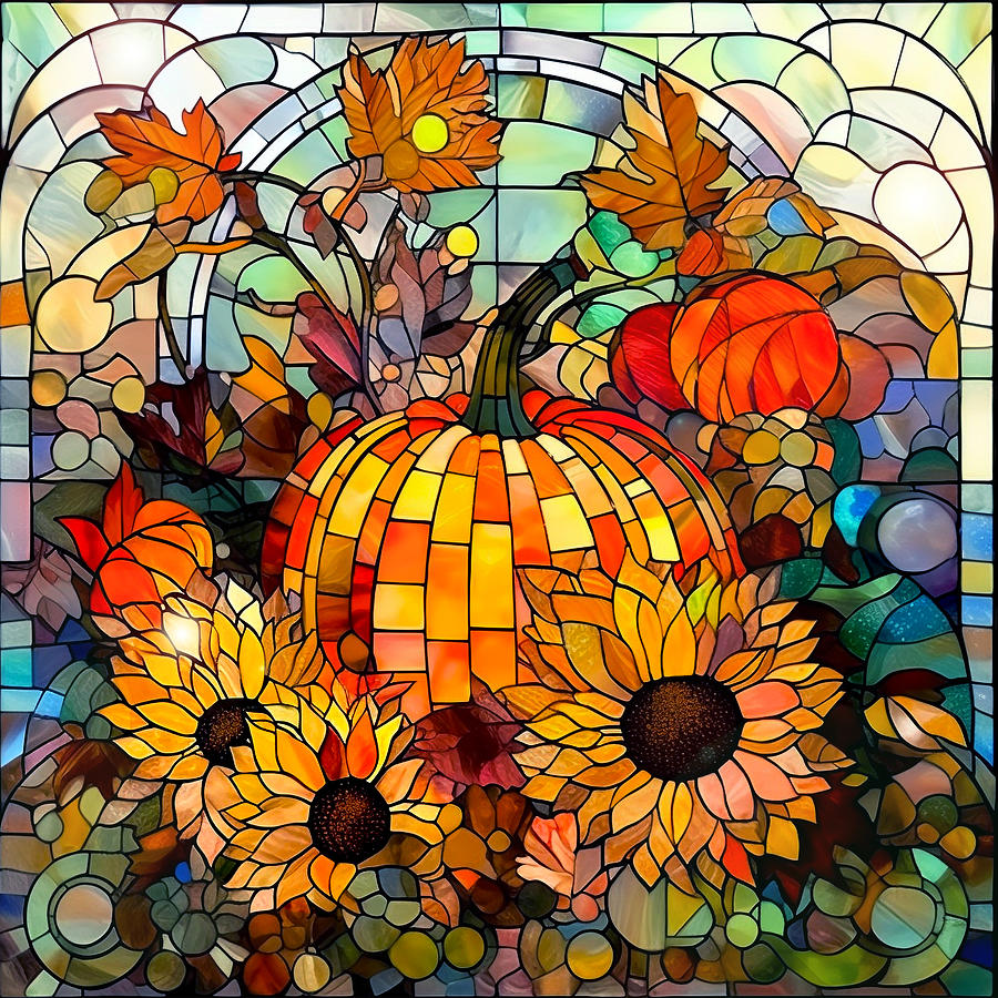 Stained Glass Pumpkin and Sunflowers Painting by Kimberly Potts