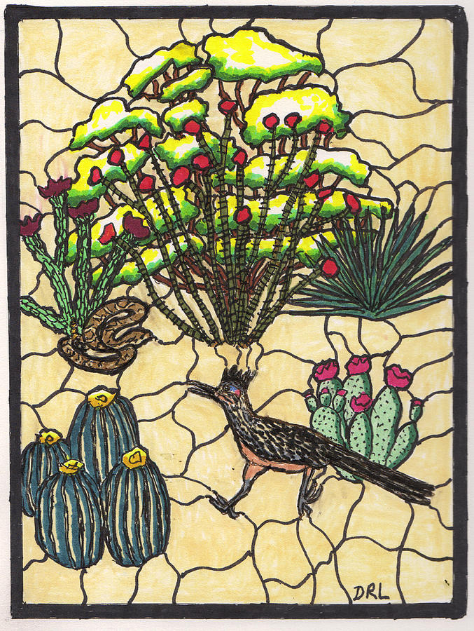 Stained Glass Roadrunner and Rattlesnake Drawing by Danny Lowe