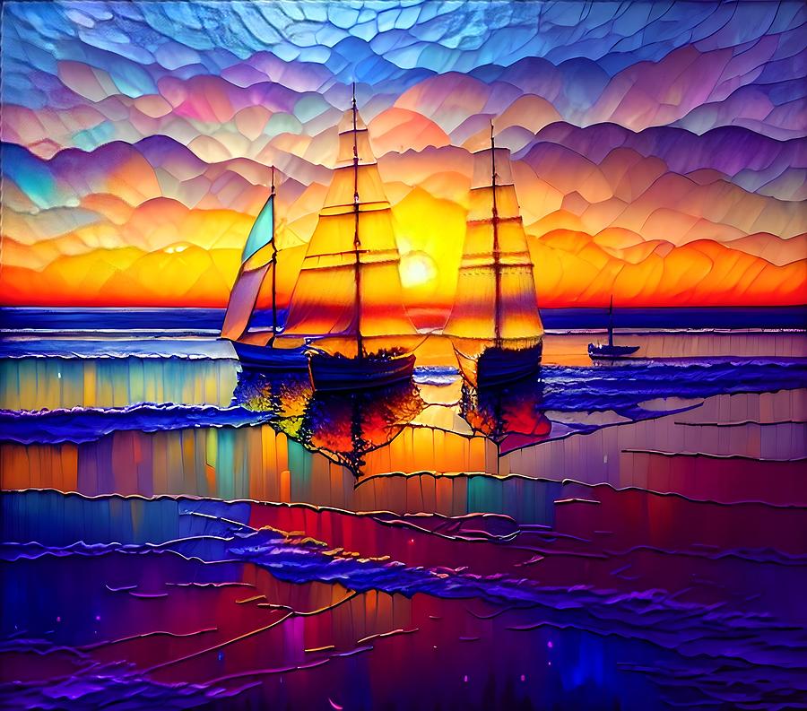 Colorful Sailboats Mixed Media - Stained glass sailing  by Bruce Beshara