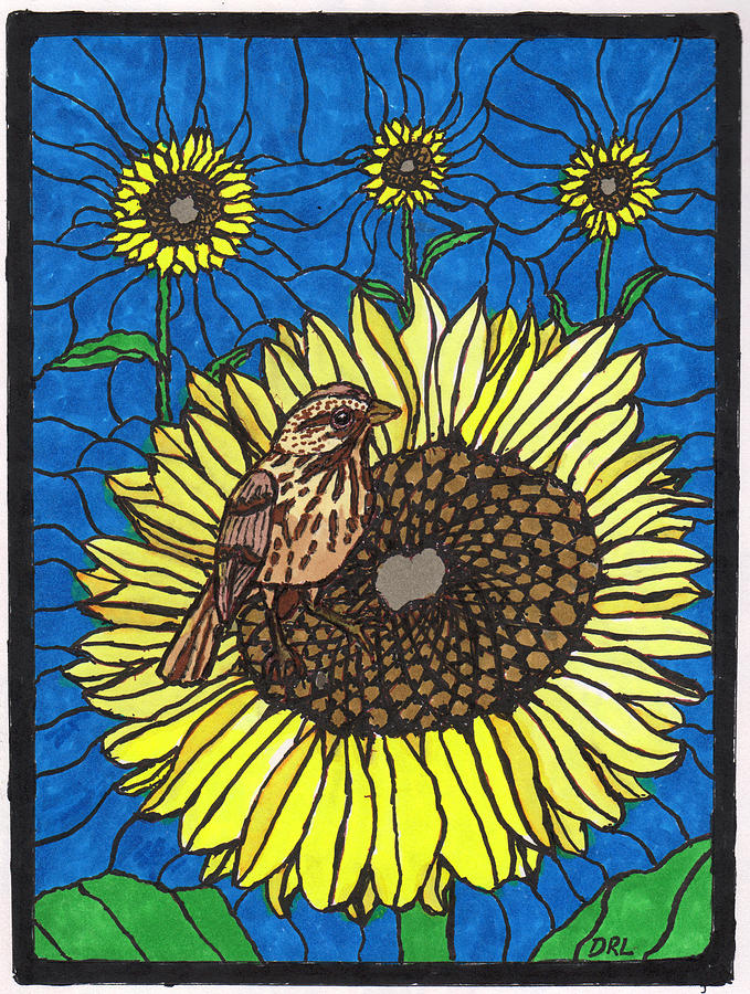 Stained Glass Song Sparrow and Sunflowers Drawing by Danny Lowe