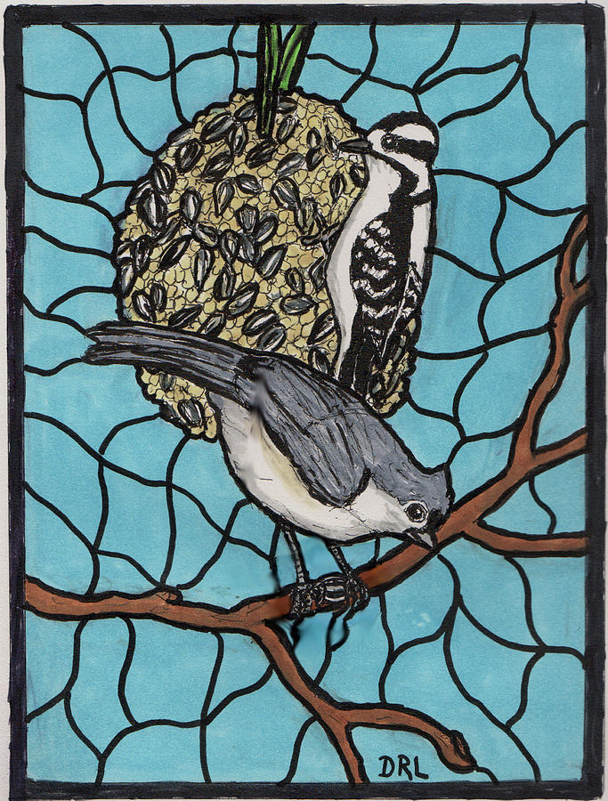 Stained Glass Tufted Titmouse and Female Downy Woodpecker Drawing by Danny Lowe