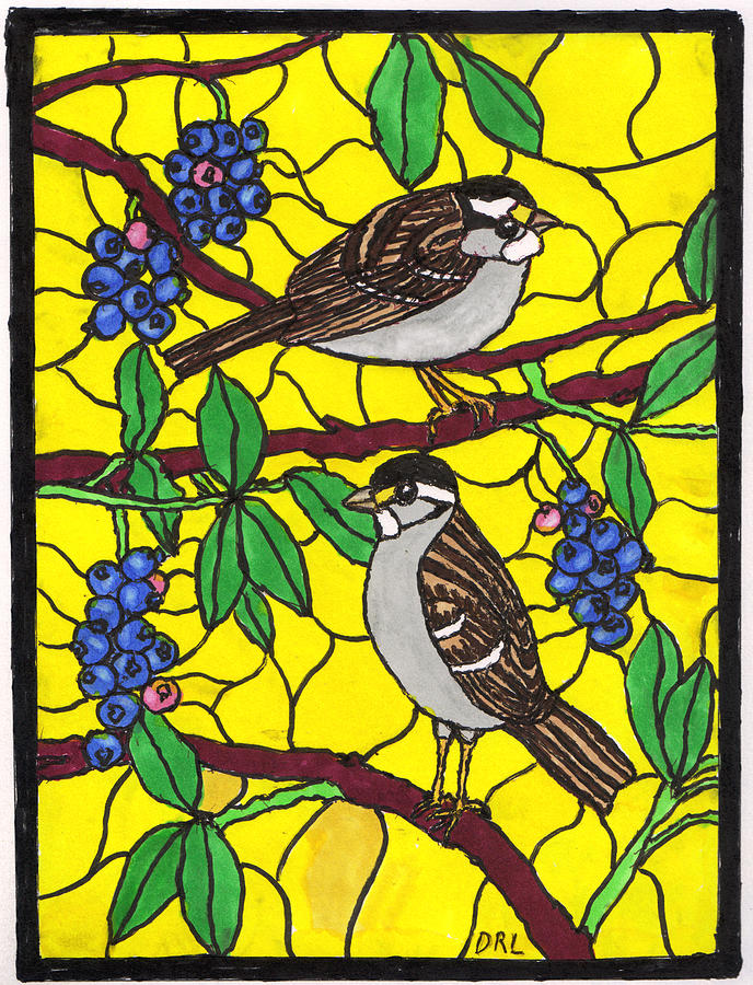 Stained Glass White-Throated Sparrows and Blueberries Drawing by Danny Lowe