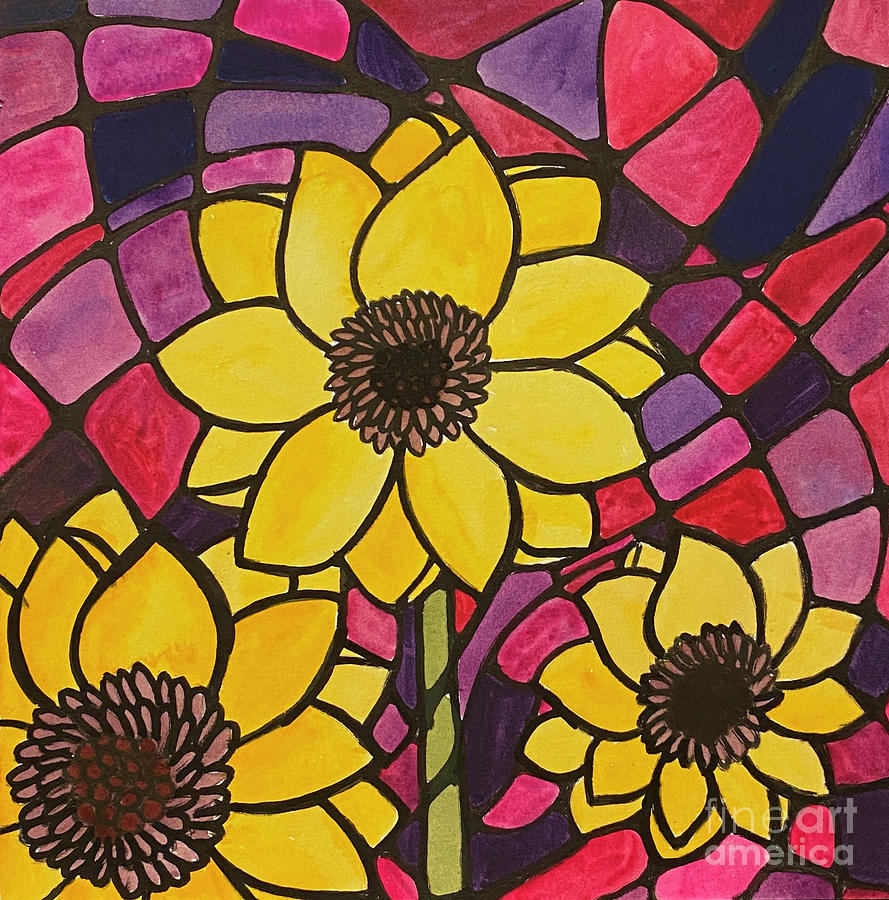 Stained Glass Yellow Flowers Mixed Media by Lisa Neuman