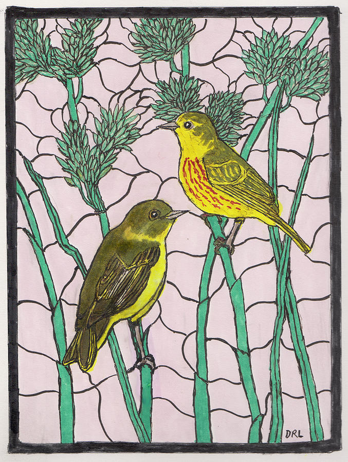 Stained Glass Yellow Warblers and Reed Canary Grass Drawing by Danny Lowe