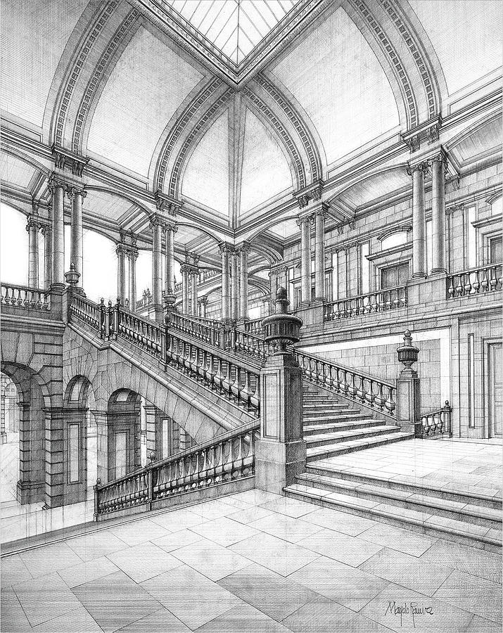 Stairs of the Palace of Mineria, Mexico City Drawing by Mayolo Ramirez ...