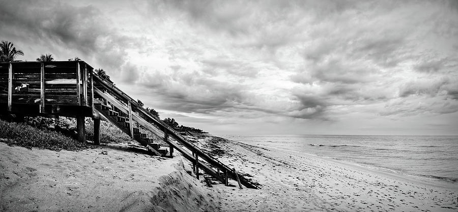 Stairs to the Beach Panorama Black and White Photograph by Debra and Dave Vanderlaan